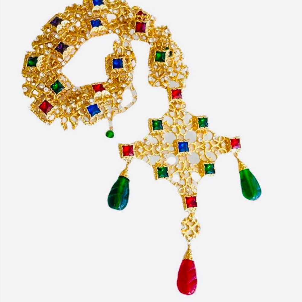 Robert Rose red green glass cabochon beads chain charm necklace
